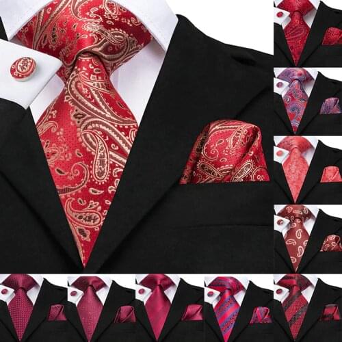 Hi-Tie 100% Silk Red Luxury Ties for Men Wedding Party Classic Paisley Tie Pocket Square Cufflinks Set Fashion Mens Red Ties Set