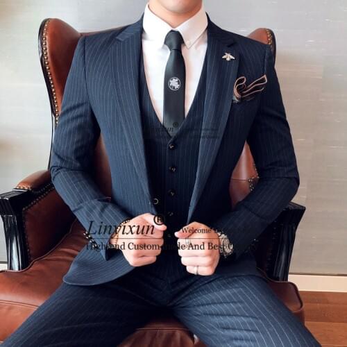 Jacket + Vest + Pants ) 2019 New Mens Suit Boutique Plaid Wedding Dress Suit Three-piece Male Formal Business Casual Suits