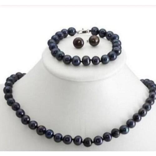 New hot 8-9mm Black Cultured Akoya Pearl Necklace 20inch Bangle Earring