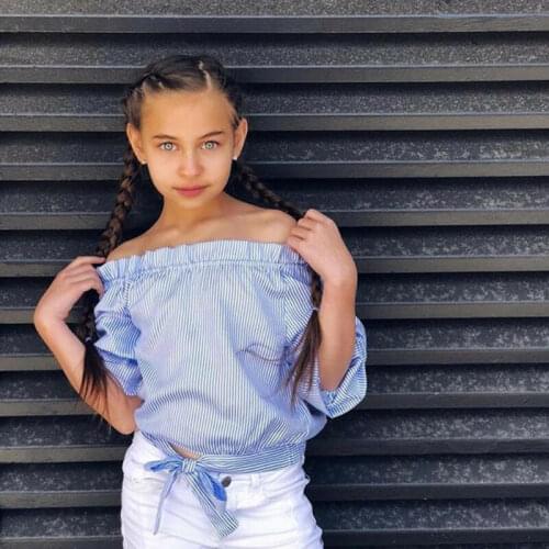 Newborn Toddler Baby Kid Girl Stripe Ruffles Off-Shoulder shirt Tops Clothes Slash Neck Blue Stripe Shirt Fashion Short Blouse