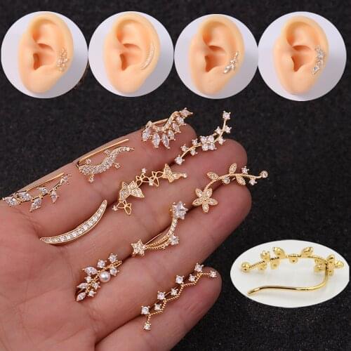 1PC 18G Fashion CZ Curved Cartilage Ear Piercing Brass Ear Cuffs Clip Helix Earring Tragus Back Hook Stud Women Body Jewelry