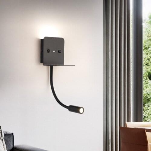 6W LED Bedside Light Fixture Wall Sconce Lamp Switch USB Charging Port Spotlight Sand Nickel/Black Shell