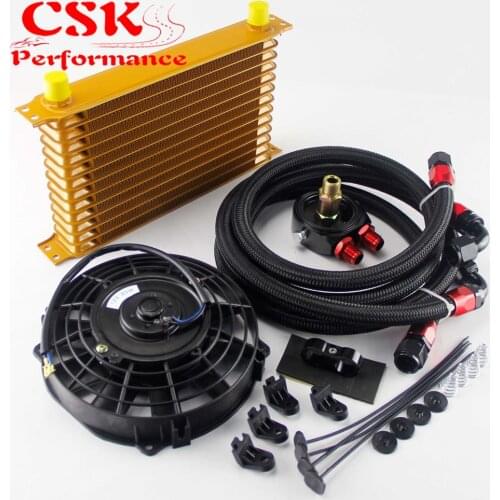 Universal 13 Row AN10 262mm Trust Oil Cooler w/ Filter Adapter+ 7" Electric Fan kit Black/Blue/Gold