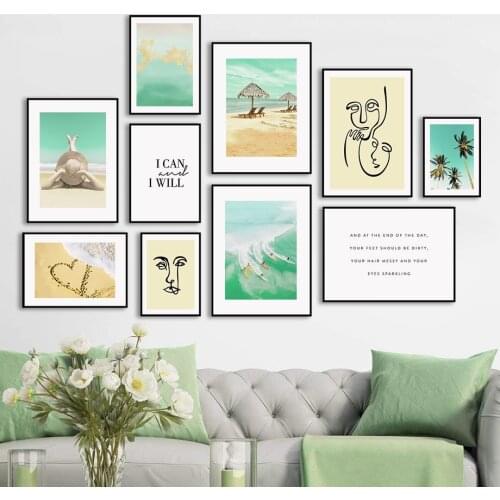 Green Heart Beach Surfing Girl Coconut Tree Wall Art Canvas Painting Nordic Posters And Prints Wall Pictures For Living Room