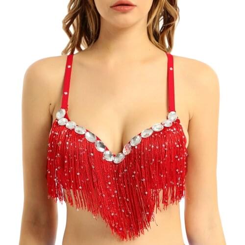 Womens Adult Belly Dance Competition Push-Up Bra Latin Sequin Tassel Rhinestone Brassiere Tops Party Clubwear Costume