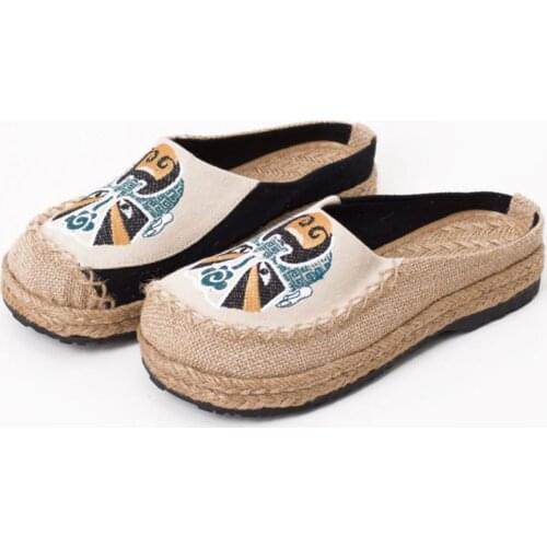 YourSeason Beijing Opera Embroidered Ladies Cotton Shoes Handmade Retro Women Flat Slides Summer Canvas Sandal Slippers
