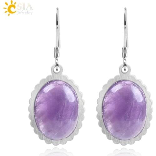 CSJA Natural Stone Pink Quartz Green Aventurine Round Bead Earrings Stainless Steel Metal for Women Vintage Fashion Jewelry F121