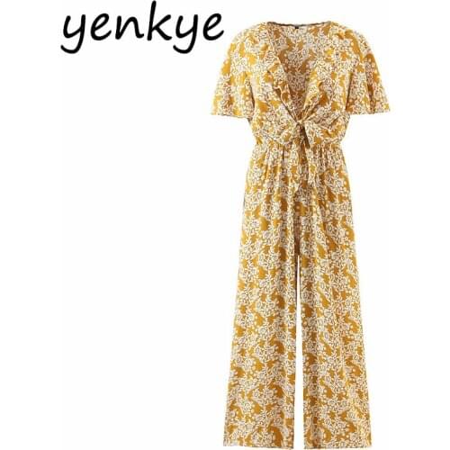 YENKYE Floral Print Jumpsuit Women Front Knotted Sexy V Neck Short Sleeve combinaison femme Summer Holiday Boho Romper Long