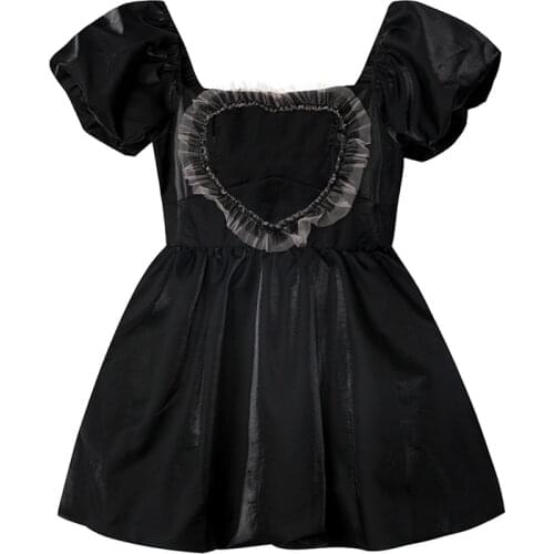 Love Lace Splicing Puff Sleeve Dress Women French Sweet Vintage Ball Gown Dress 2021 Summer High Waist Kawaii Lolita Dress Girl