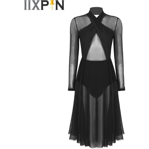 Women Lyrical Dance Dress Halter Neck Long Sleeves See Through Sheer Mesh Top Bodice Leotard Dress for Modern Contemporary Dance