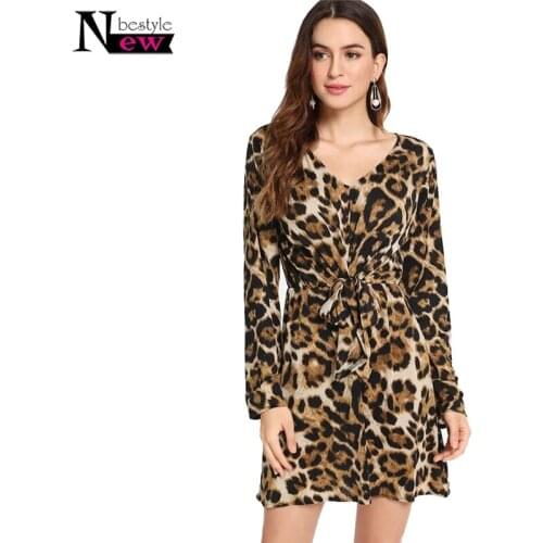 Women Leopard Print Mini Dress Bow Tie Sashes Long Sleeve V Neck Pleated Dress Ladies Casual Soft Chic Backless Dresses Vestidos