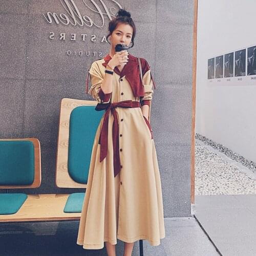 Real shot design sense French waist dress female 2021 spring and autumn new color contrast stitching shirt long skirt