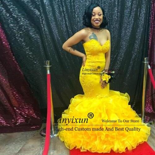 Yellow Mermaid Prom Dresses Sweet Heart Backless Cascading Ruffles Appliques Long Women Formal Evening Party Gowns