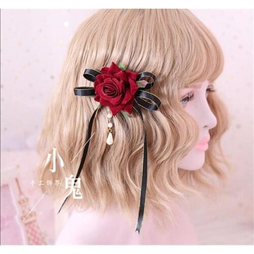 1pc Gothic Handmade Lolita KC Hairpin Bowknot Rose Lace Headwear Vintage Palace Style Japanese Girls hairwear B544