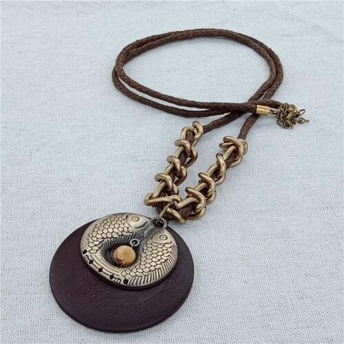1 Pcs Fashion creative dreams simple fashion Double Pisces Flaming Pendant Brown Rope Chain Handmade Resin Wood Necklace