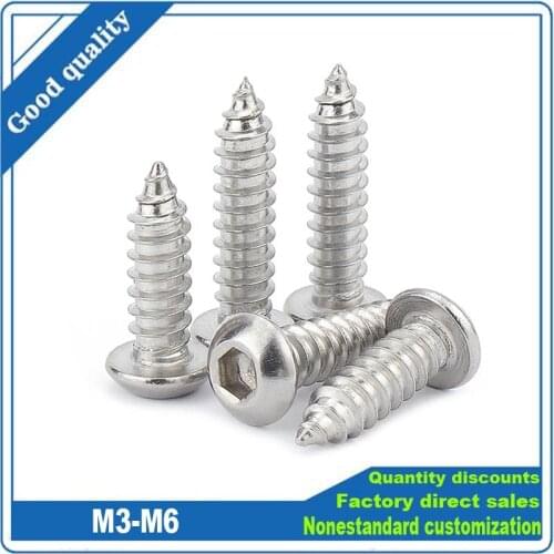 10/50pcs M3 M4 M5 M6 A2-70 304 Stainless Steel Allen Hexagon Hex Socket Button Round Head Self -Tapping Wood Screw Length=6-50mm