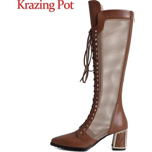 Krazing Pot spring summer genuine leather pointed toe mature fashion high heels vintage Korean girl lace up thigh high boots L10