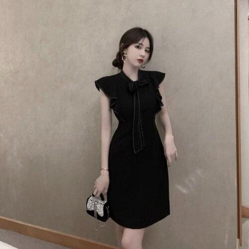 Black Ruffles A-line Dresses Women Summer Style Bow Korean Female Clothes Butterfly Sleeve Elegant Dress Fashion Ladies New