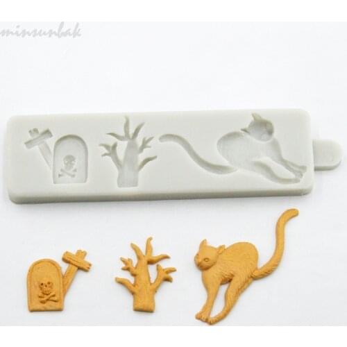 Minsunbak Evil Cat Silicone Mold Halloween Series Fondant Cake Decorating Tools DIY Bat Tombstone Chocolate Baking Mold