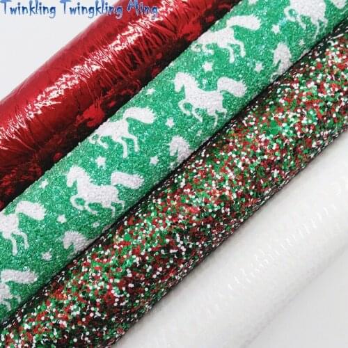 Unicorn Printed Glitter leather, Metallic Faux Leather,Christmas Synthetic Leather For Bow A4 21x29CM Twinkling Ming KM251