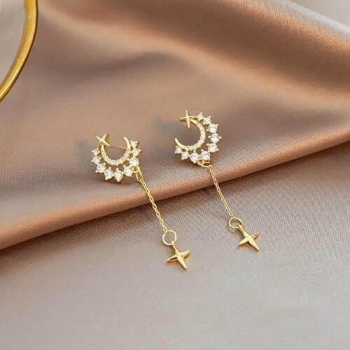 Exquisite CZ Crystal Moon Earring Fashion Women Star Tassel Gold Plated Drop Earring Luxury Women Bohemia Wedding Party Jewelry