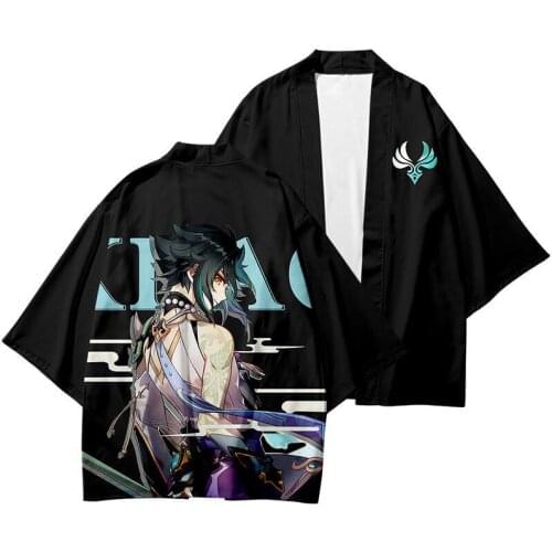 Game Genshin Impact Xiao Japanese Kimono Haori Yukata Cosplay Women Men Fashion Summer Short Sleeve Kimono Shirts Streetwear