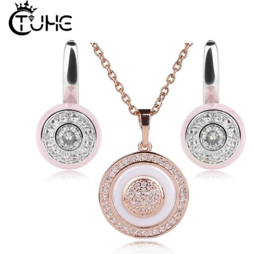 Special Design Circle Round Women Jewelry Sets Rose Gold Silver Color Ceramic Necklace Earrings Jewelry Christmas Gift Fashion