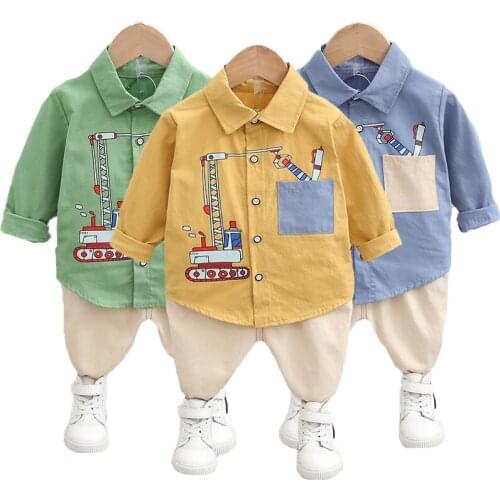 Boys Clothing Set Spring Autumn Cartoon Excavator Cotton Shirt + Pants 2 Pcs Suit For Boy Toddler Kids Clothing Christmas Gift