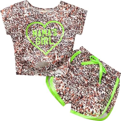 OPPERIAYA Little Baby Girls 2pc Leopard Print Clothes summer Set Short Sleeve Heart Print Crew Neck Tops and Short Pants Suits