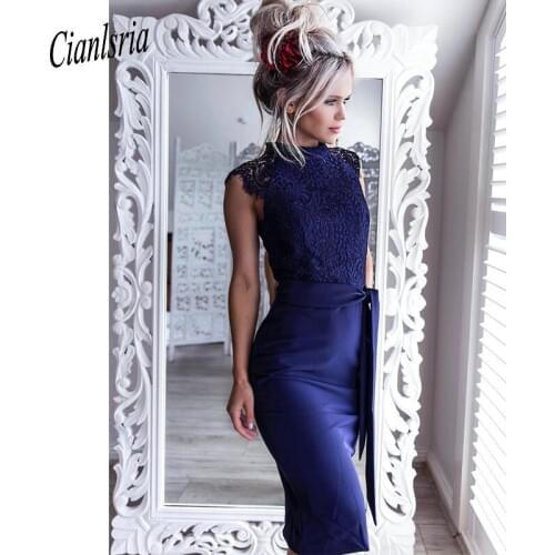 Lace High-Neck Homecoming Dresses Short Party Dress With Back Slit And Satin Sashes Sheath Midi Gown