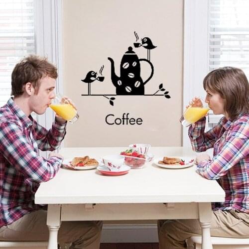 KUCADA birds drinking coffee wall sticker for home decoration kitchen decal diy wallpaper black removable wall decor WP1561
