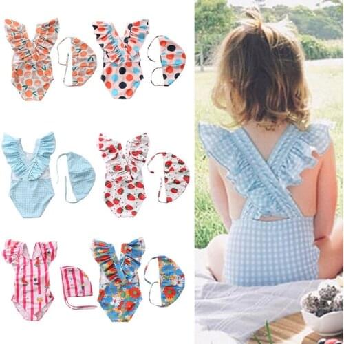 Toddler Kids Baby Girls Summer Monokini Swimsuit with Swim Cap Set Ruffles Cross Backless Swimwear Cartoon Bathing Suit