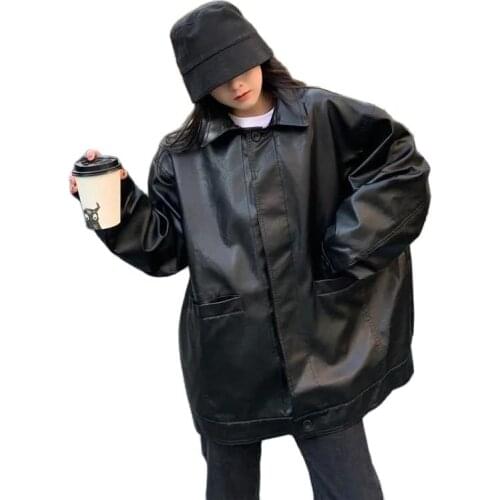 Fashion Leather Jacket Female 2021 Spring And Autumn New Korean Version PU Locomotive Loose Retro Jacket Woman