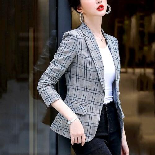 Vogue Women Blazer 2021 New Autumn Formal Blazers Lady Office Work Long Sleeve Suit Pockets Plaid Jackets Womens Coat LS108