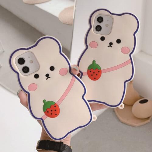 3D Cute Cartoon White Bear Strawberry Backpack Phone Case for iPhone 12 Mini 11 Pro Max SE 2020 Soft Silicone Shockproof Cover