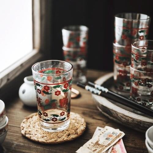 Retro Nostalgic Double Happiness Glass Cup Chinese Wedding Cup Old Words Drinkware Food Photography Props Festive Decor Cup