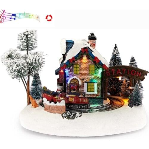 Christmas Lane Animated Snow Village Santas Wonderland House Moving Train LED Light Up Music Playing Xmas Atmosphere Ornaments