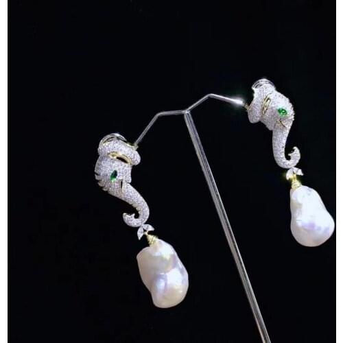 Baroque natural fresh water pearl drop earring 925 sterling silver with cubic zircon elephant animal earring fine women jewelry