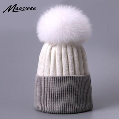 Beanie Hat For Children And Women Winter Kids Caps With Real Fox Fur Pom Pom Outdoor Warm Knitted Solid Color Bonnet Hat Ski Cap