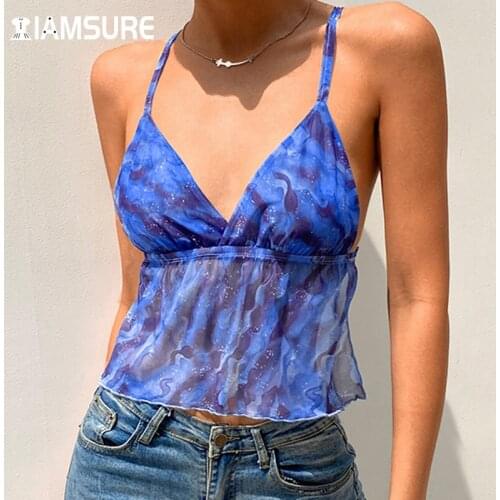 IAMSURE Beach Style Backless Mesh Camis Top Sexy Tie Back Deep V-Neck Sleeveless Crop Tops Women 2021 Casual Streetwear Tank Top