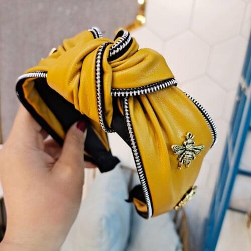 High-grade Zipper Alloy Hair Band PU Leather Wide-brimmed Middle Knot Hair Adornment Headband Retro Style Pressed Hair Accessori