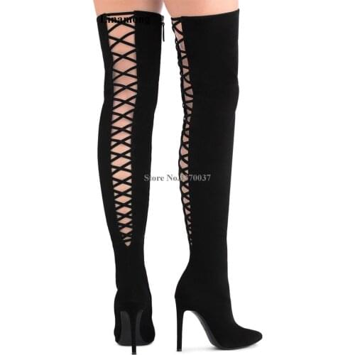 High Quality Women Fashion Pointed Toe Black Suede Leather Over Knee Gladiator Boots Cut-out Long High Heel Boots Dress Boots