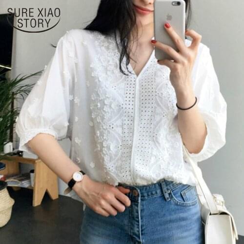 Fashion Spring Korean Summer Short Sleeve Women Tops Loose Solid White Embroidered Hollow V-neck Shirt Female 8025 50