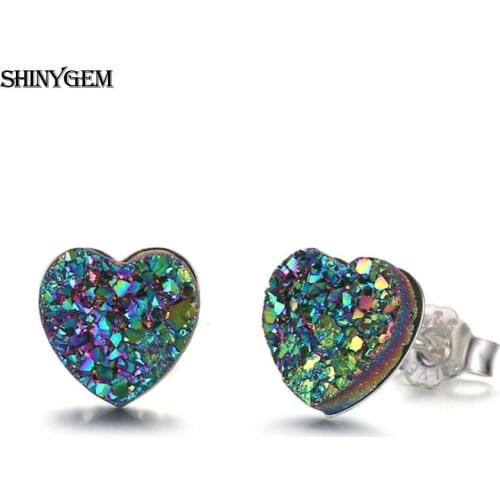 ShinyGem 8mm Fashion Charm Love Heart/Triangle/Oval Shape Earrings Sparkly Small Natural Crystal Druzy Stud Earrings For Women