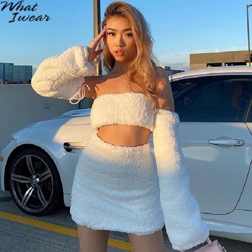 Fleece Tube Top Elastic Mini Skirts With Sleeves Fashion Elegant Two Piece Set Woman High Waist Suits Streetwear Female Outfit