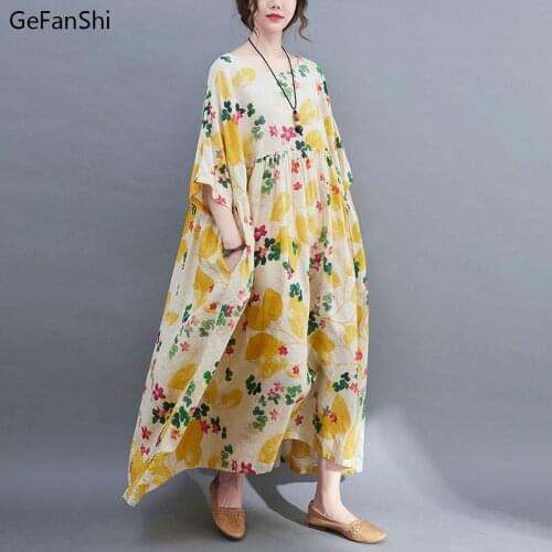 Fashion 2021 New Summer Women Dress Vintage Print Cotton Dress Casual Loose Half Sleeve O-Neck Elegant Office Lady Dresses