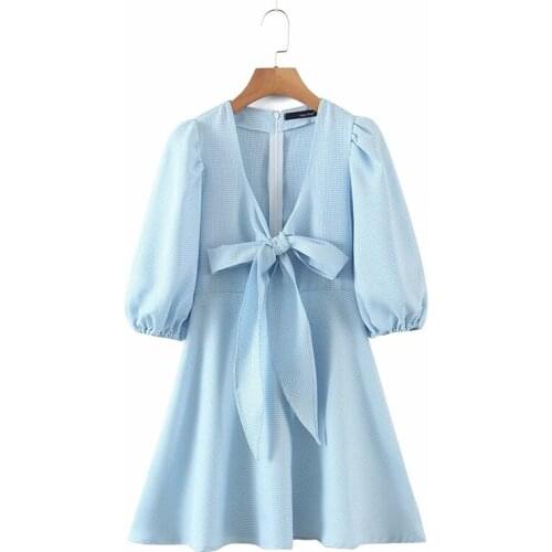 Merodi Women Vintage Houndstooth Print Half Puff Sleeve 2021 Summer Blue Mini Dress Girls Fashion Front Bow Knotted Chic Dresses