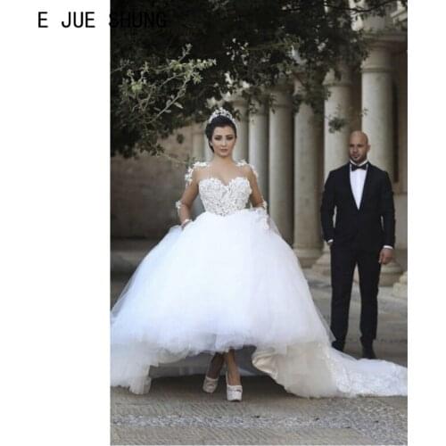 E JUE SHUNG New Illusion Dubai Wedding Dresses Long Sleeves High Neck Button Back Wedding Gowns Lace Appliques robe de mariee