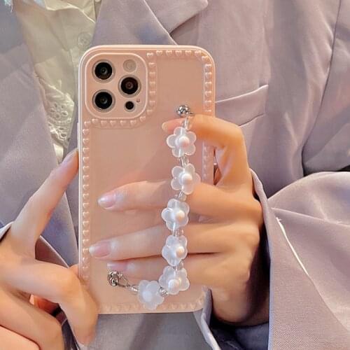 Solid Color Love Heart Phone Case With 3D Flower Wrist Bracelet For iPhone 11 12 Pro Max XR XS Max X 7 8 Plus Soft TPU Cover