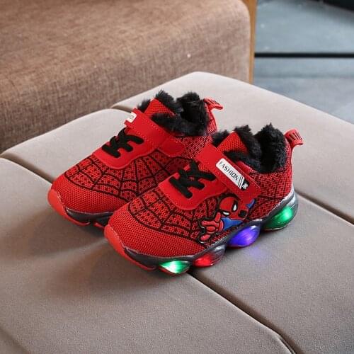 Kids Glowing Shoes Spiderman Childrens LED Sneakers Autumn Winter Shoes For Girls Boys Casual Plush Warm Luminous Sports Shoes